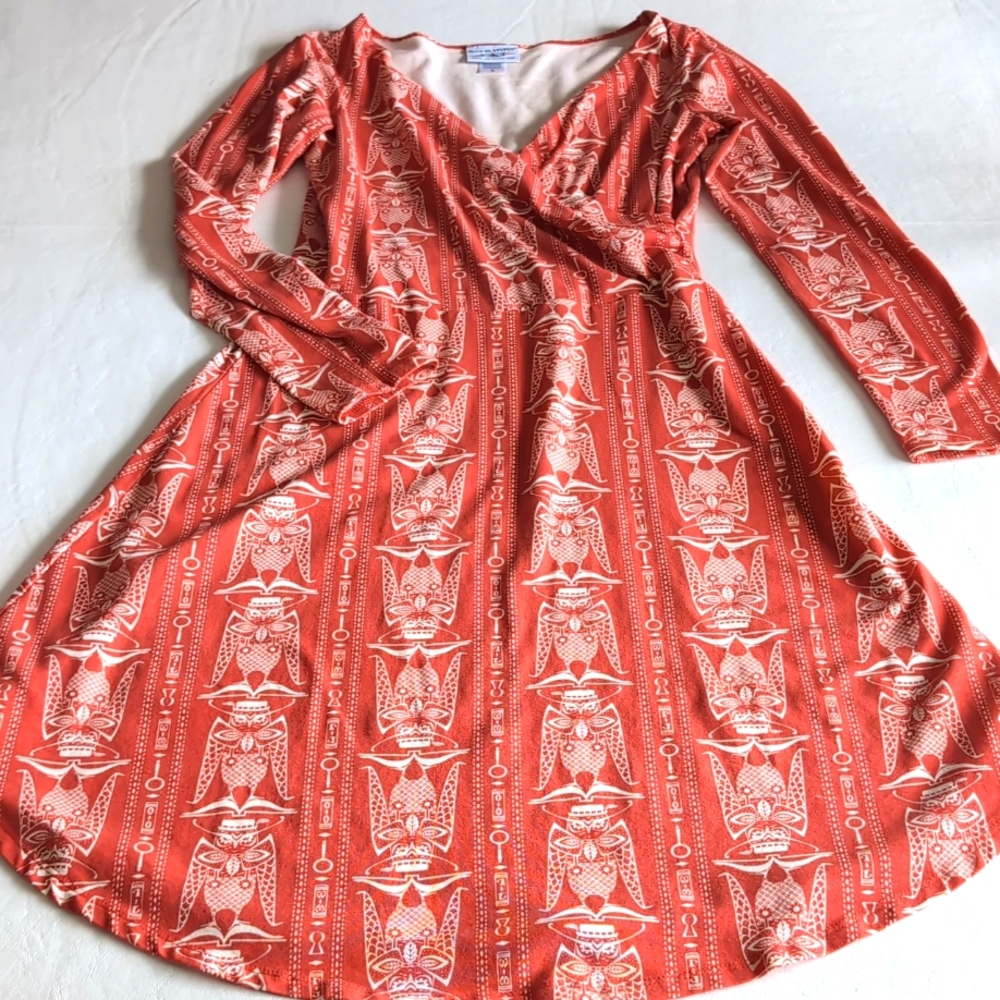 Blue Platypus Owl Print Orange Wrap Top Long Sleeve Midi Dress Women's Size S